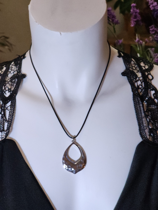Jewelry - Silver Toned Teardrop Pendant Necklace On A Black Nylon Cord